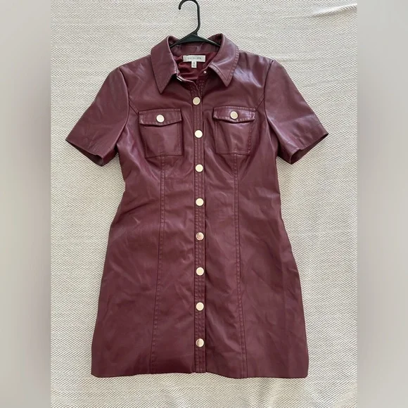 TOCCIN Faux Leather Short Sleeve DressBurgundy Faux Leather Button-Up Dress  - eharrisgallery.com